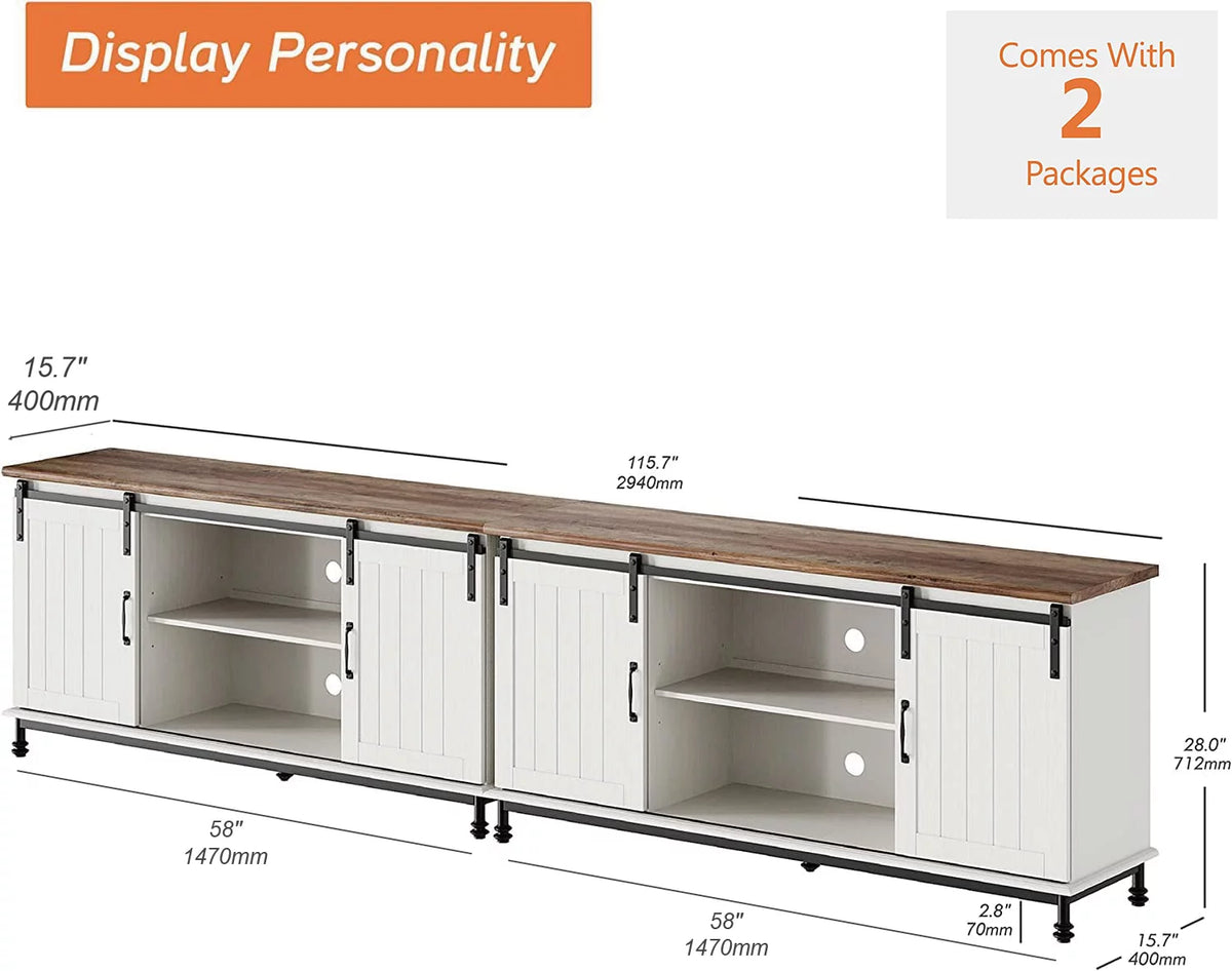 White Wood TV Stand with Sliding Barn Door W35966