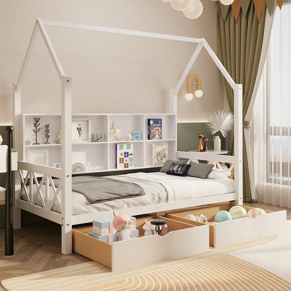 Twin House Bed with Trundle and Storage Shelve T737