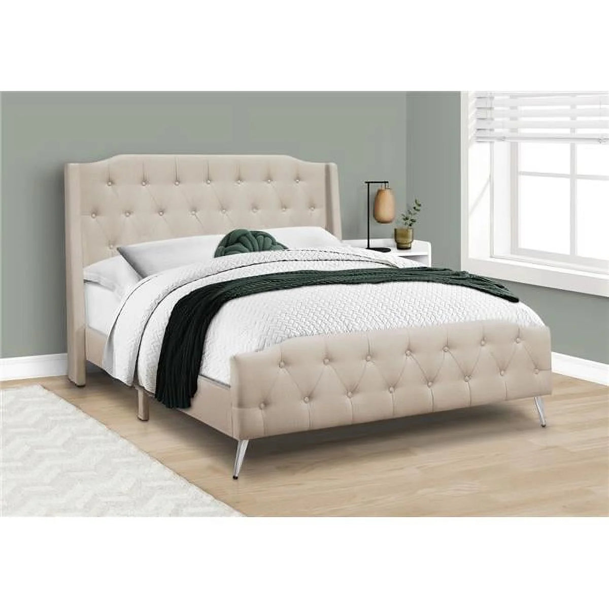 Beige Linen Chrome Metal Legs Queen Size Bed C161527