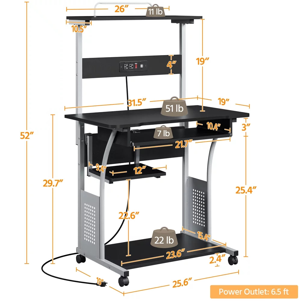 Black 3 Tiers Computer Desk with Outlet Printer Shelf R75979