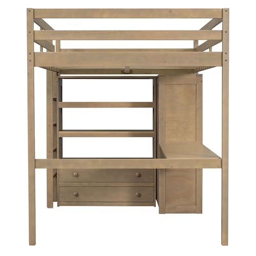 Full Size Wood Loft Bed with Desk and Wardrobe S89056