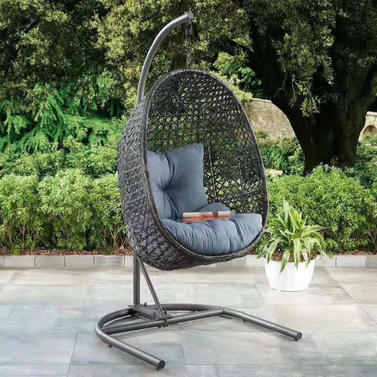Grey Wicker Hanging Egg Chair with Stand E722