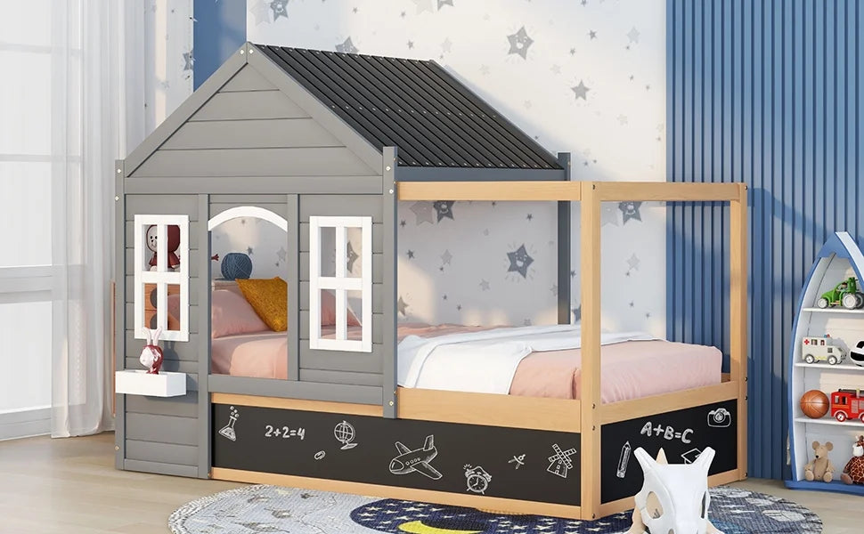 Wood Twin Size House Bed with Roof and Blackboard E94767