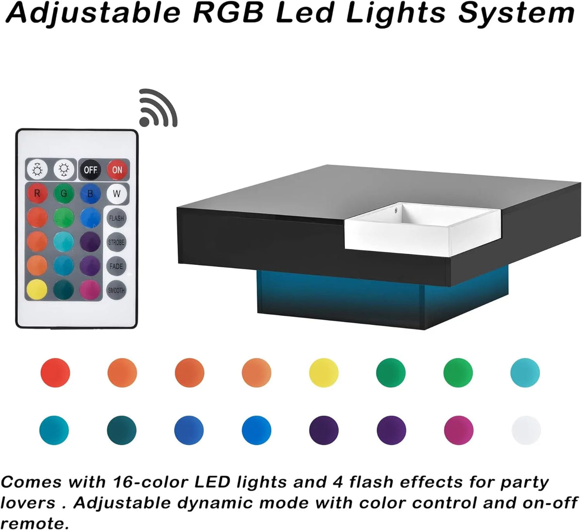 Black Square Coffee Table with Tray and LED Lights O30075