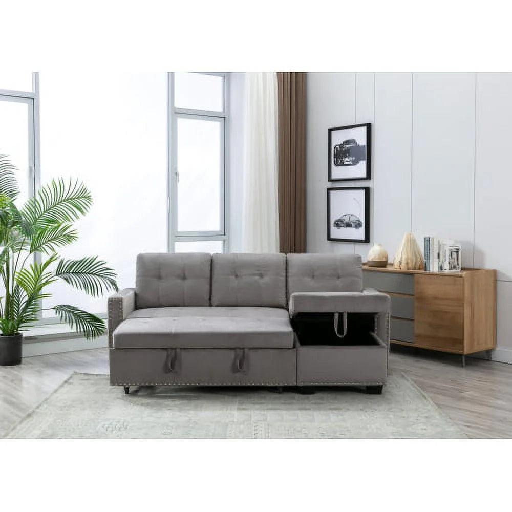Light Grey Velvet Reversible Sleeper Sofa Bed Z7930