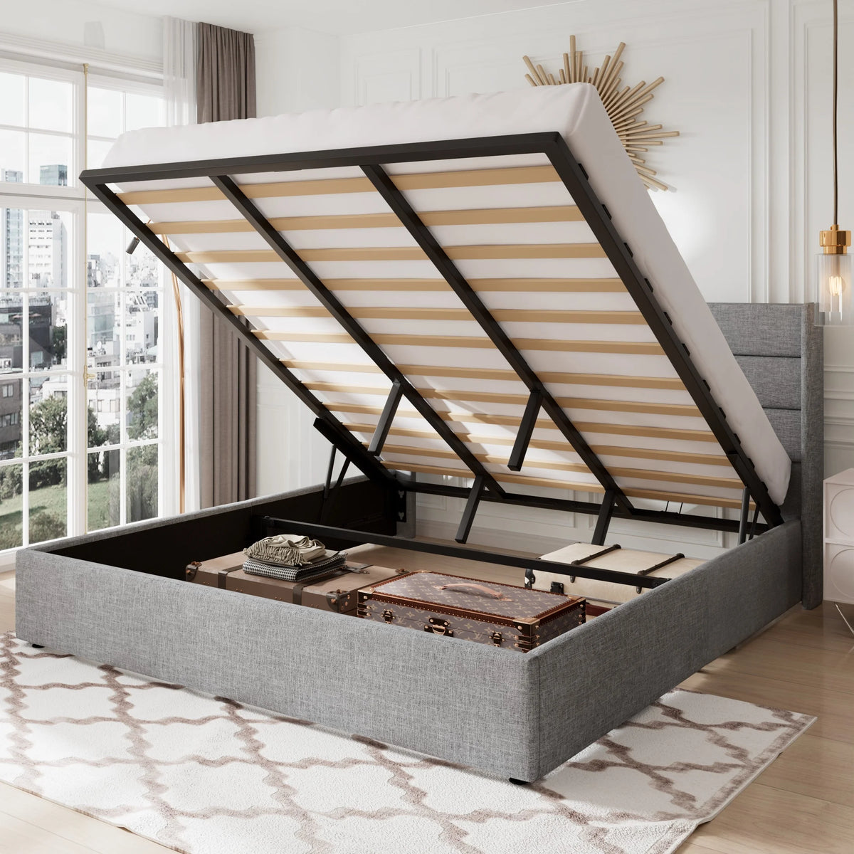 Queen Size Lift Up Storage Bed Frame with Wingback Headboard P264872