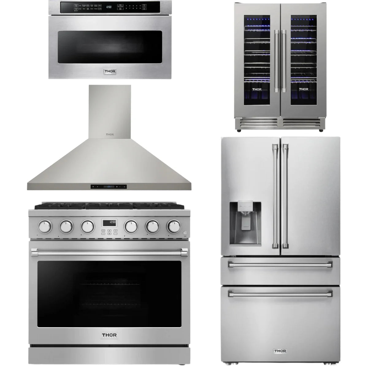 36 Gas Range, Range Hood, Refrigerator, Microwave and Wine Cooler F19644