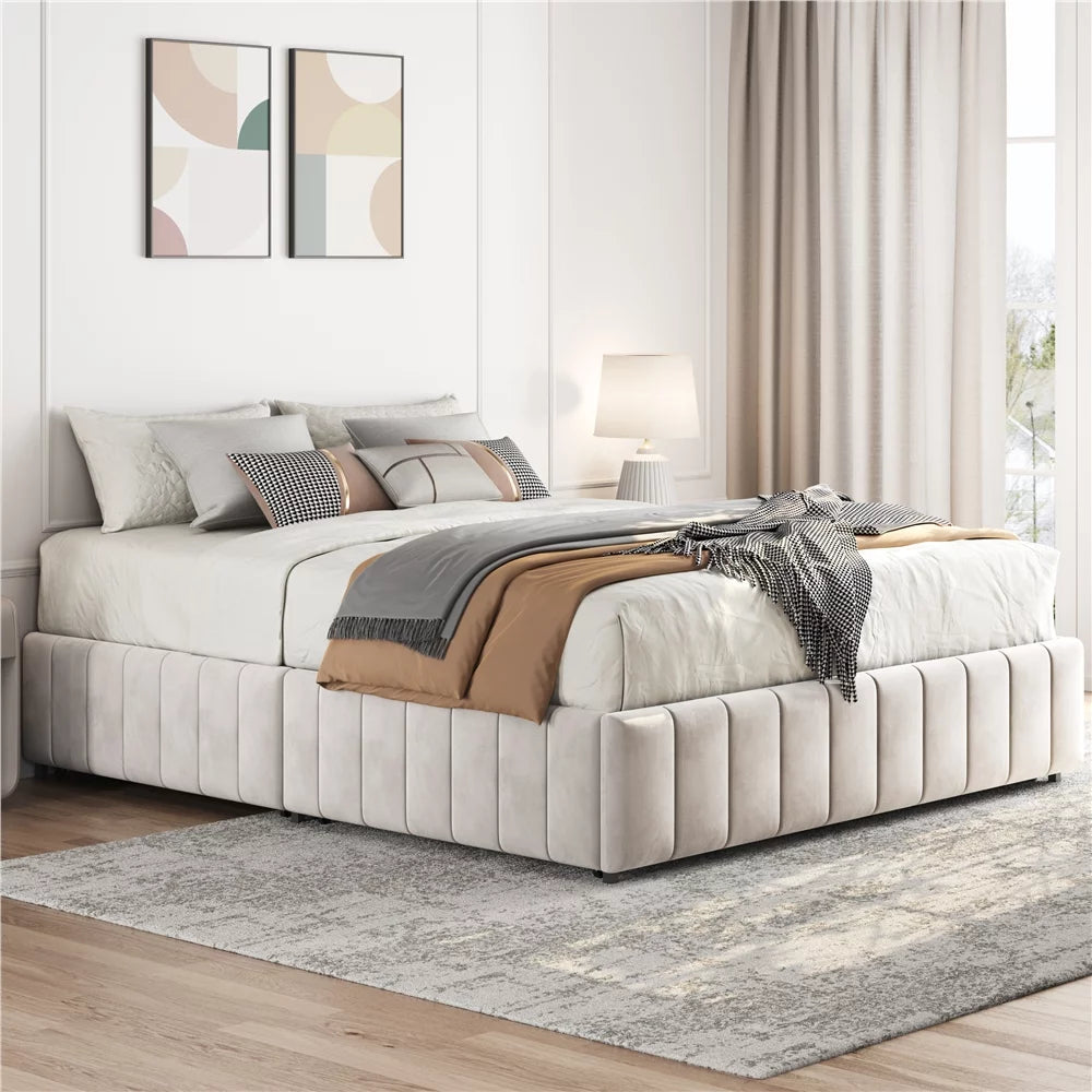 Queen Size Upholstered Bed Frame with 4 Storage Drawers, Beige V593666
