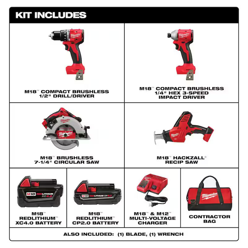 18V Lithium-Ion Brushless Cordless 4-Tool Combo Kit with 2-Batteries, Charger and Tool Bag I528