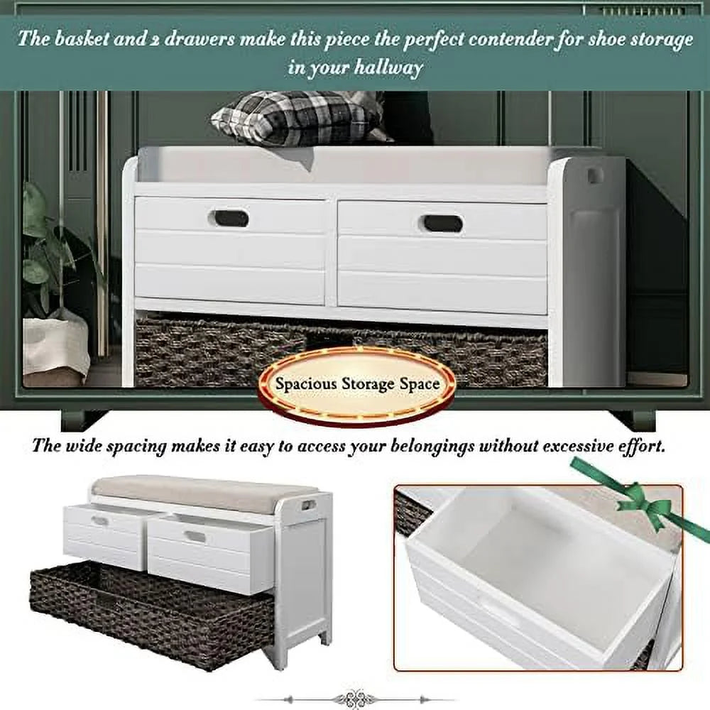 White Wooden Entryway Bench with Cushion 2 Drawers M595990