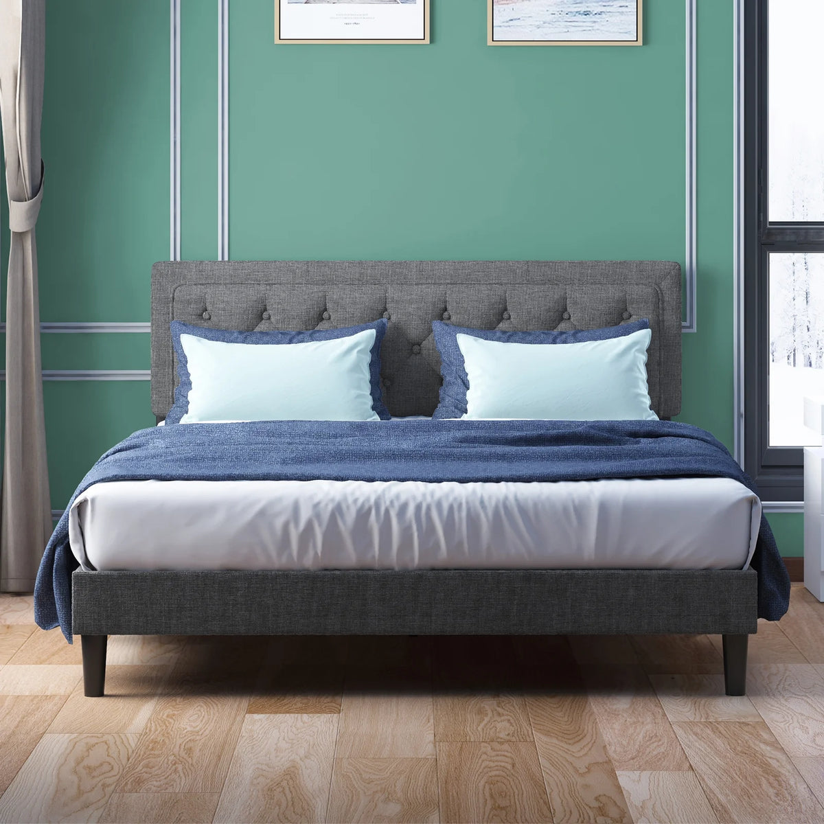 King Size Linen Fabric Upholstered Adjustable Headboard Bed Frame U76963