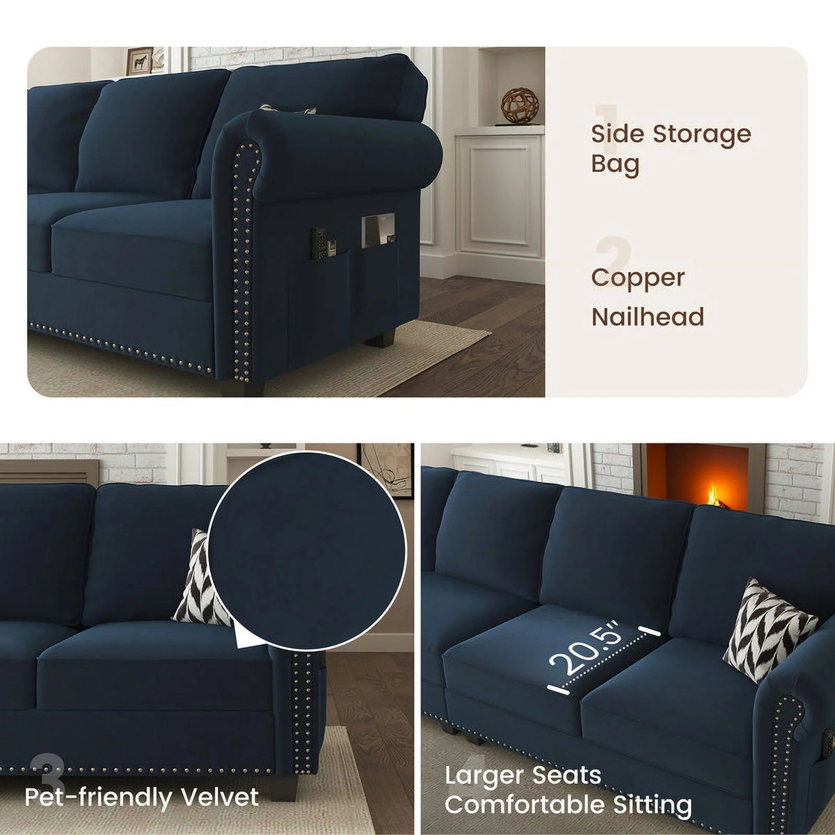 Black Velvet Sectional Sofa with Storage Ottoman and Reversible Chaise I179163