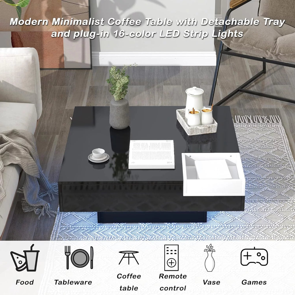 Black Square Coffee Table with Tray and LED Lights O30075