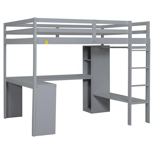 Grey Wood Full Size Loft Bed Frame with Desk, Wardrobe and Shelves Q49243