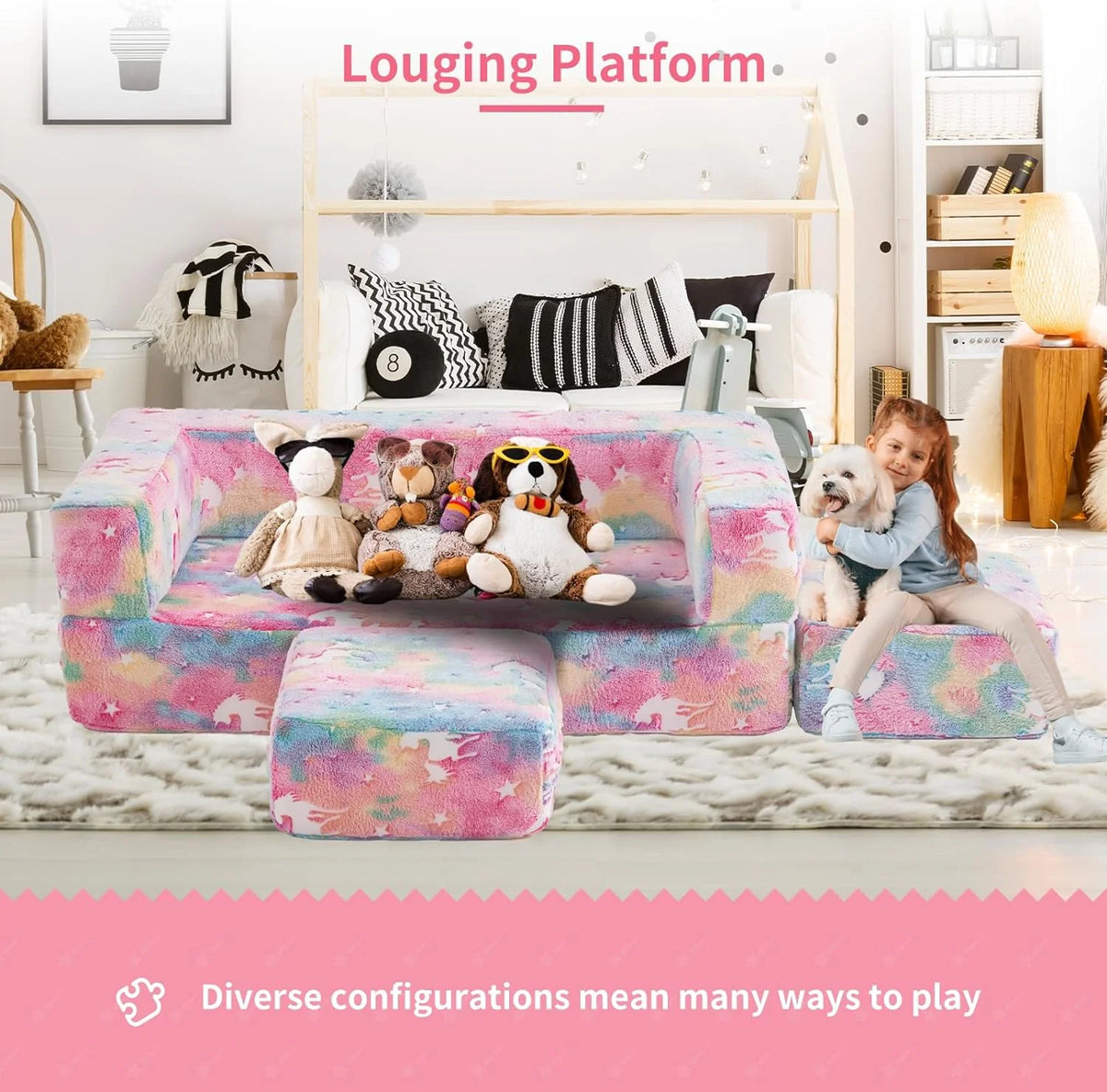 Kids Couch with Two Ottoman, Modular Foldable Loveseat F6149