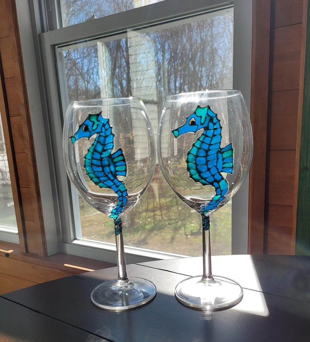 Blue Green Hand Painted Wine Glasses Set Of 2 R261