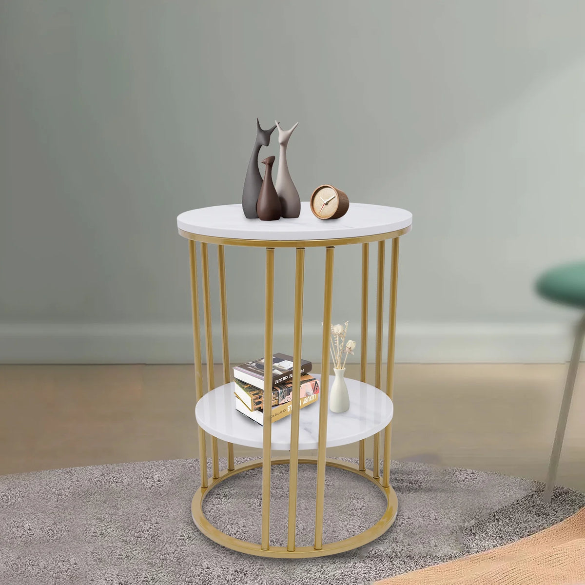 Round Marble 2 Tier Gold Metal Accent Table X197