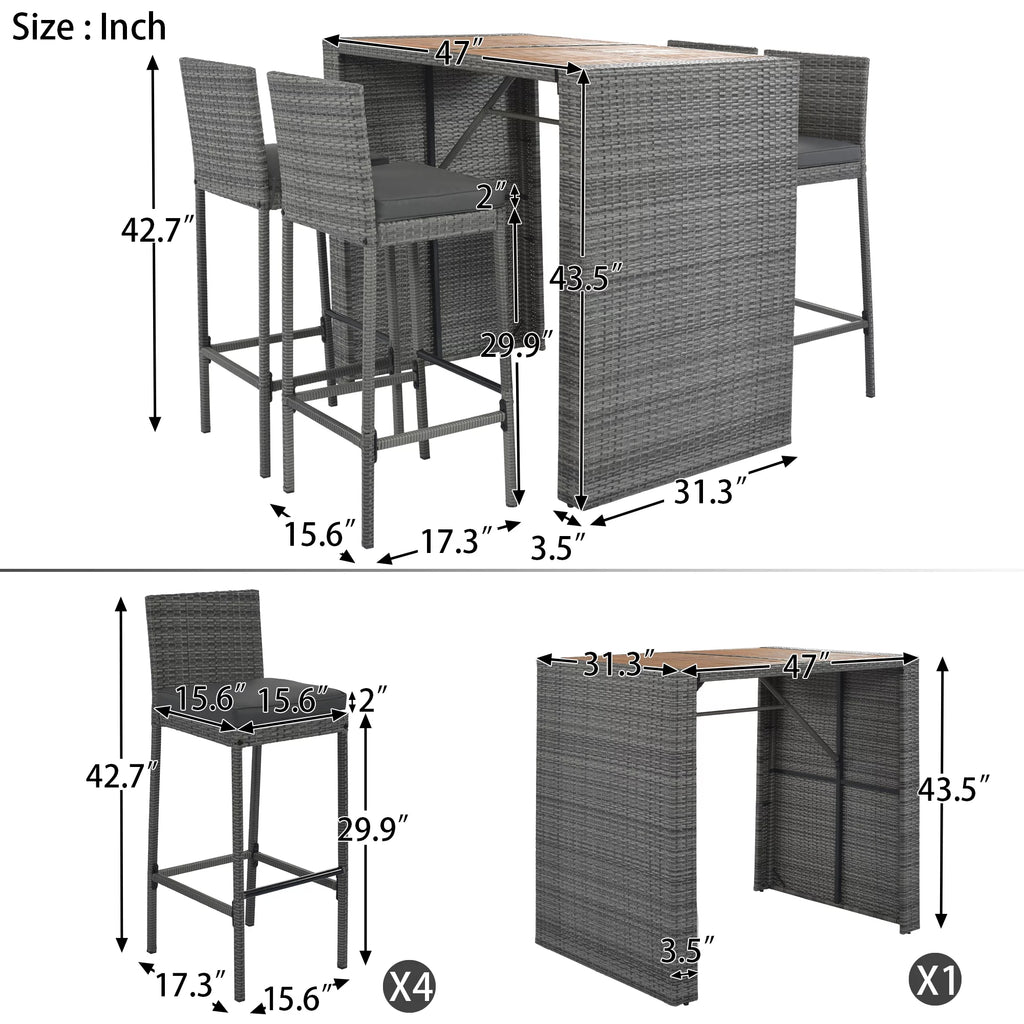 5 Pcs Gray Wicker Patio Bar Dining Table Set U8636