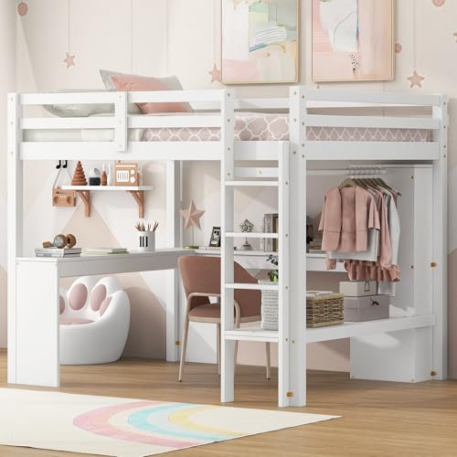 Grey Wood Full Size Loft Bed Frame with Desk, Wardrobe and Shelves Q49243