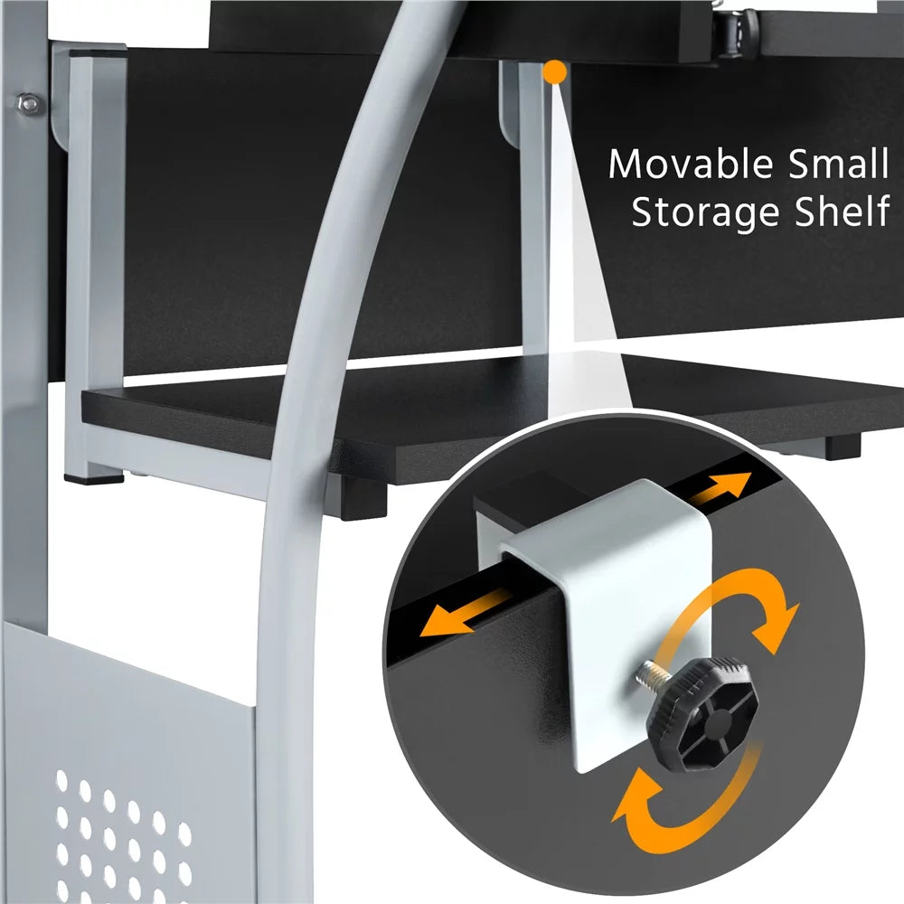 Black 3 Tiers Computer Desk with Outlet Printer Shelf R75979