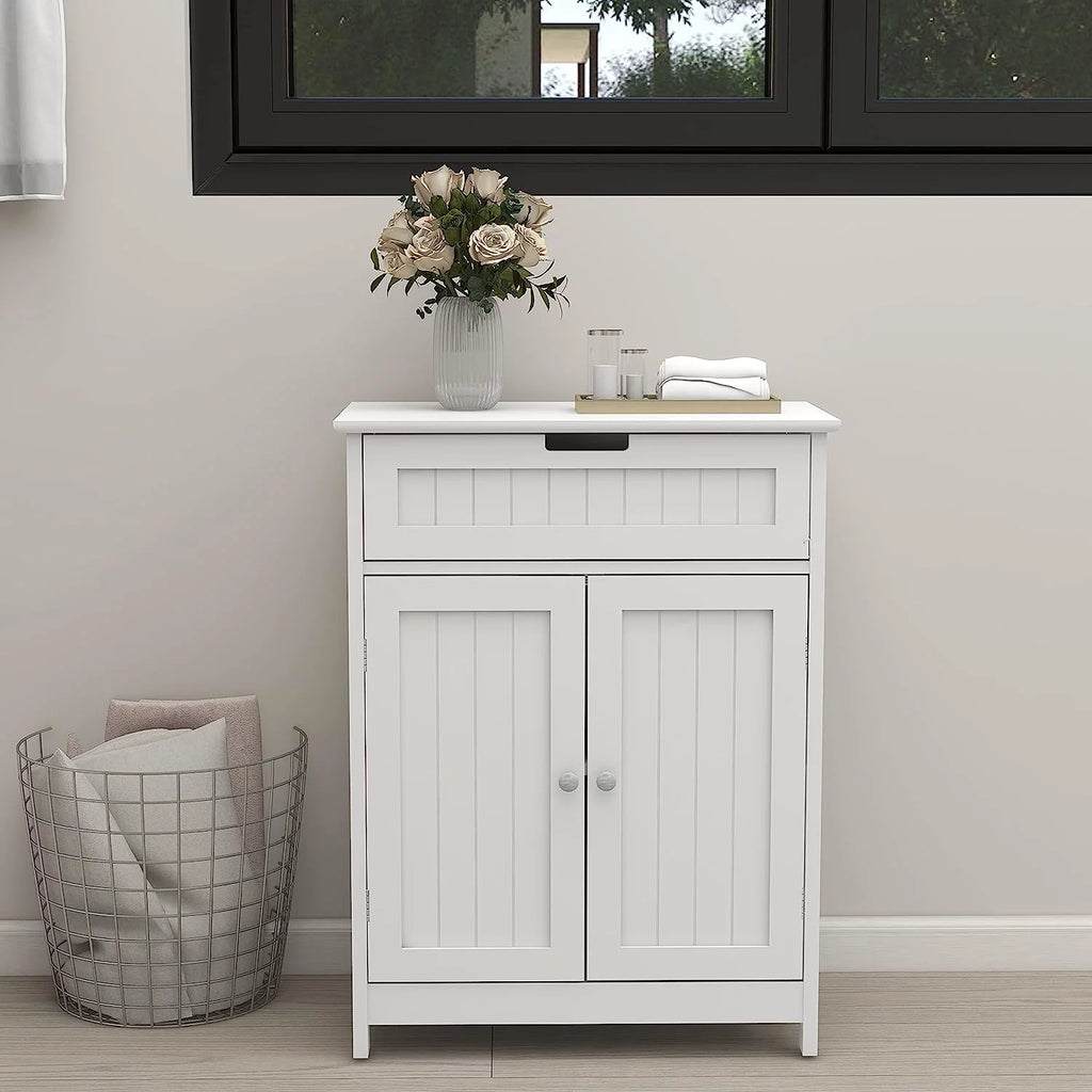White 2 Door 1 Drawer Wood Bathroom Floor Cabinet K260