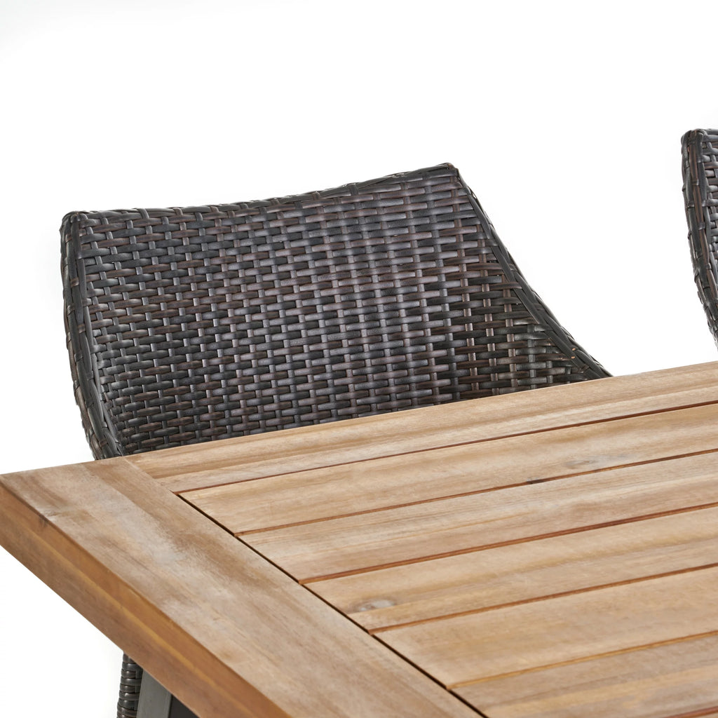 6 Piece Acacia Wood Dining Set with Wicker Stacking Chairs M446591