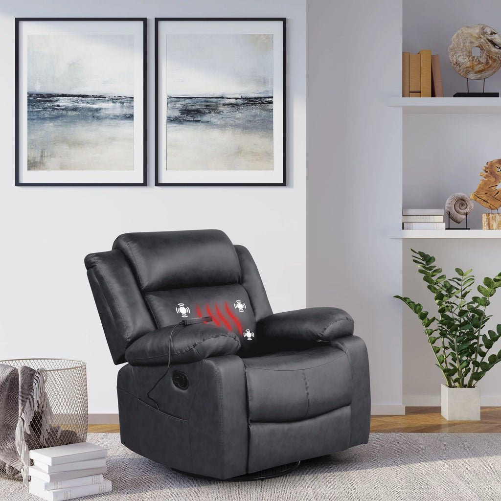Black Faux Leather Swivel Recliner with Massage and Heat H96272