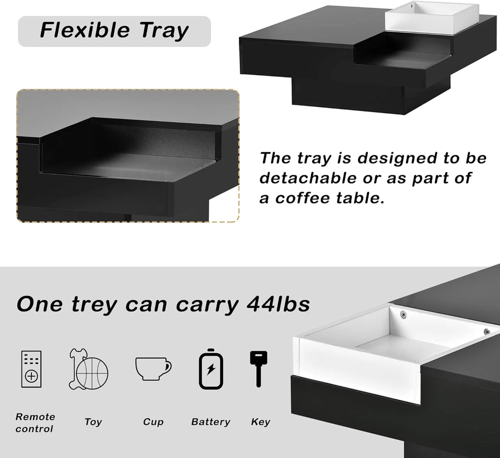 Black Square Coffee Table with Tray and LED Lights O30075