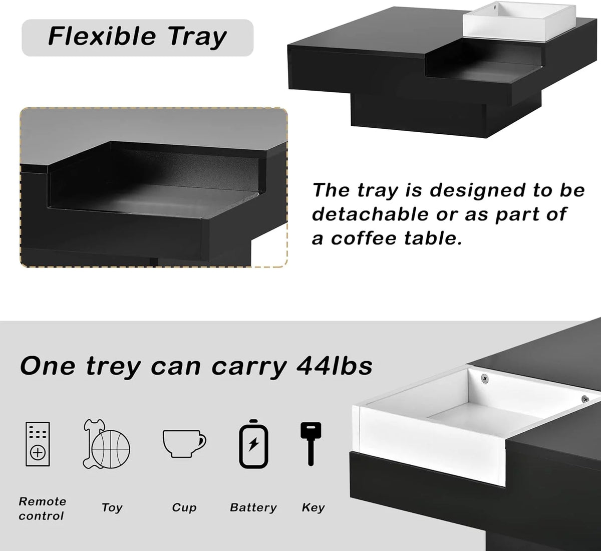 Black Square Coffee Table with Tray and LED Lights O30075