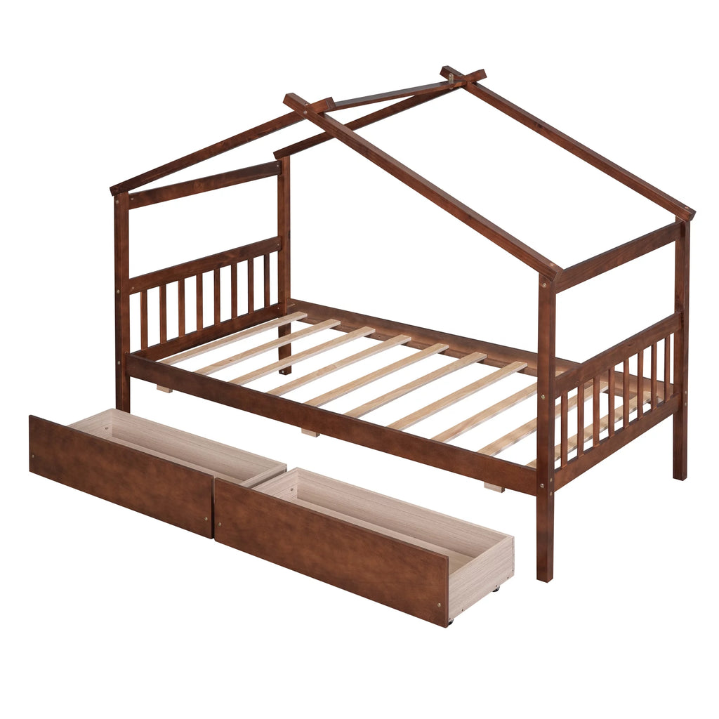 Wood Twin Size House Shaped Canopy Bed with Storage Drawers D625113