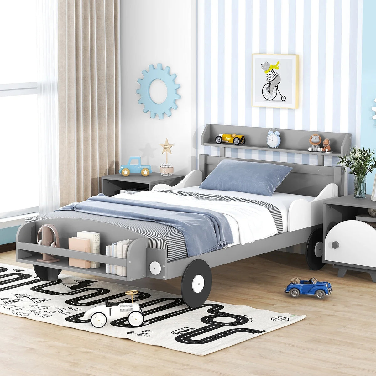Gray Twin Size Car-Shaped Platform Bed with Storage Shelf Z663