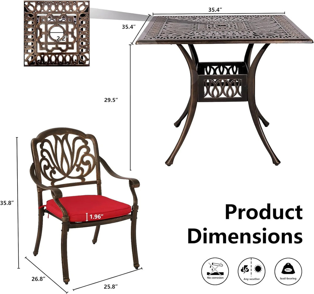 5 Piece Cast Aluminum Patio Dining Set with Red Cushion S78521
