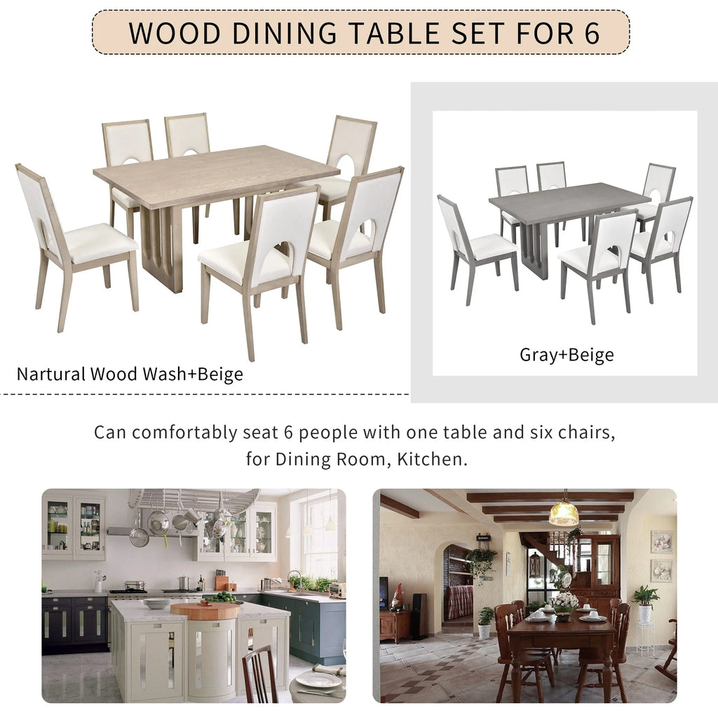 Natural Wood Wash 7-Piece Dining Table Set with 6 Upholstered Chairs Y2492