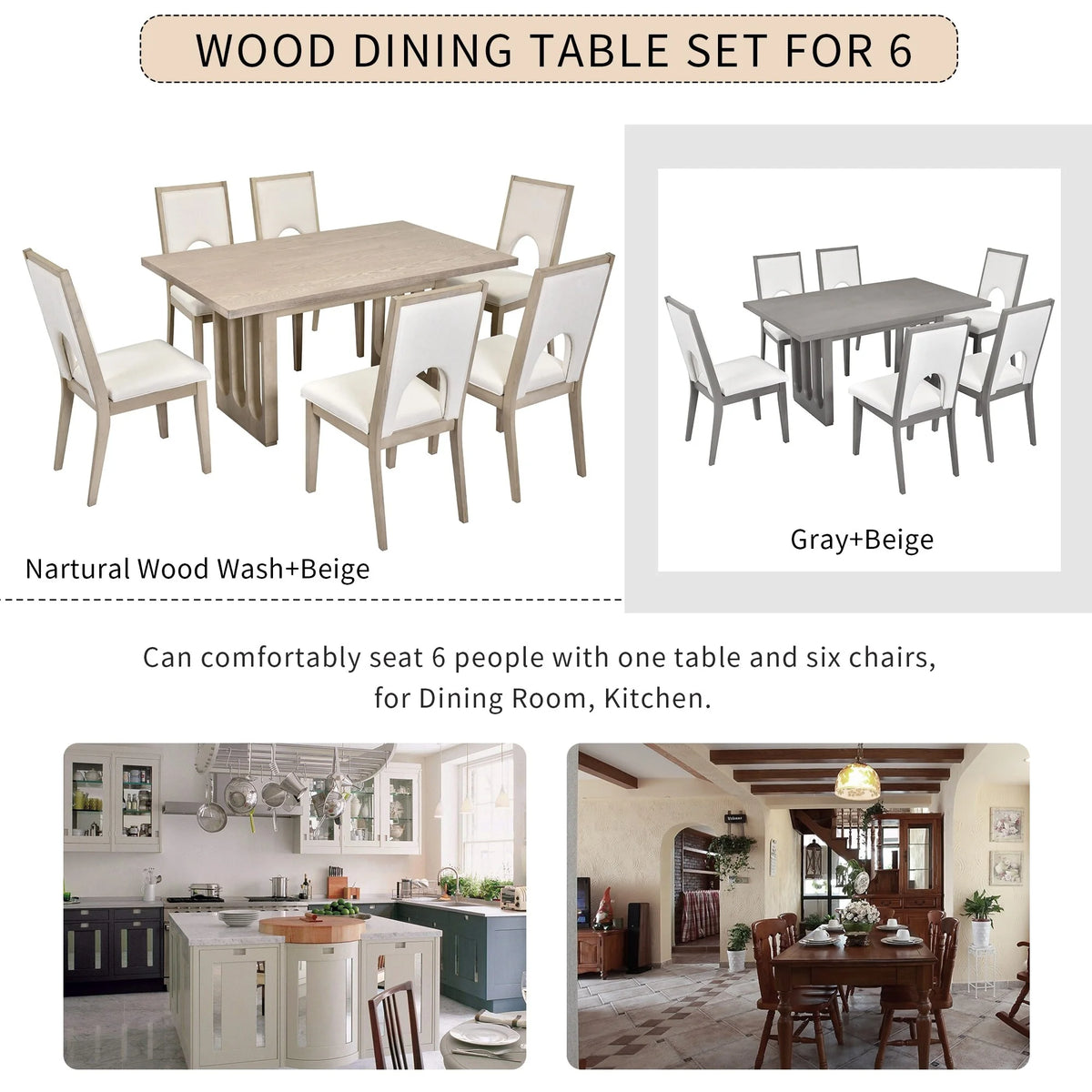 Natural Wood Wash 7-Piece Dining Table Set with 6 Upholstered Chairs Y2492
