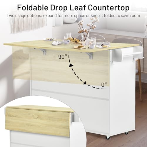 White Mobile Kitchen Island Cart with Drop Leaf X2656
