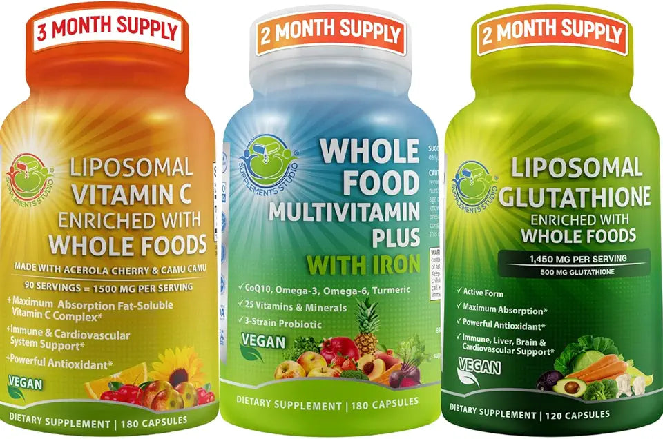 Vegan Whole Food Daily Multivitamin with Iron, Liposomal Vitamin C Capsules & Liposomal Glutathione Capsules E725116