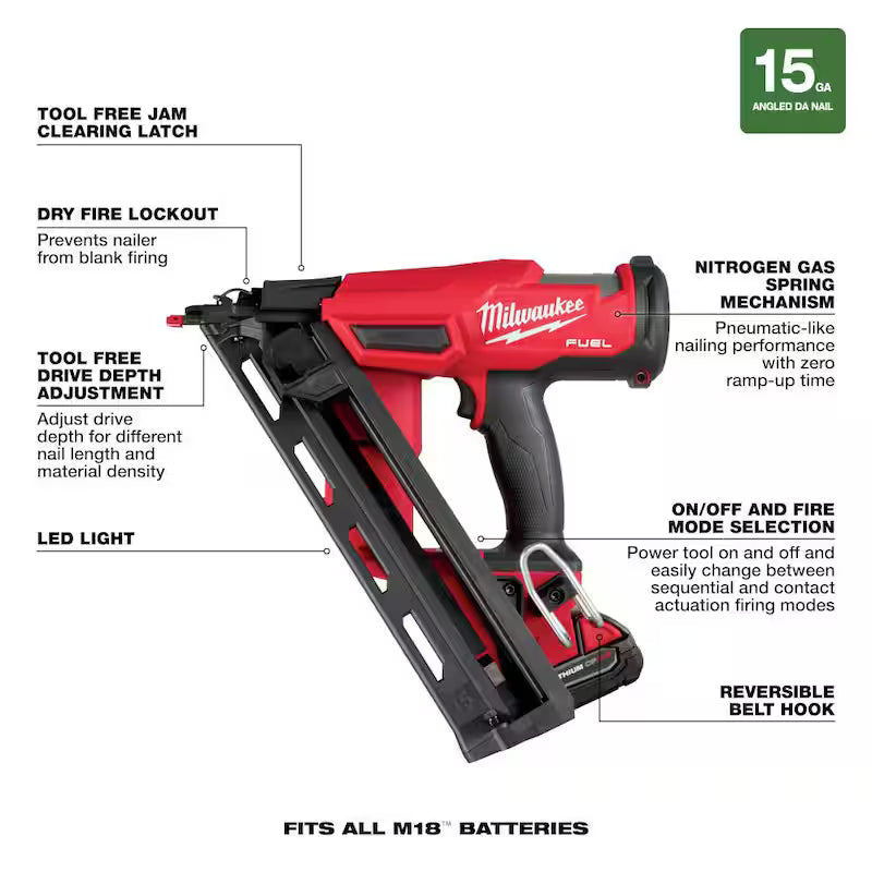18-Volt Lithium-Ion Brushless Cordless 15-Gauge Angled Finish Nailer Kit with Battery and Charger J7503