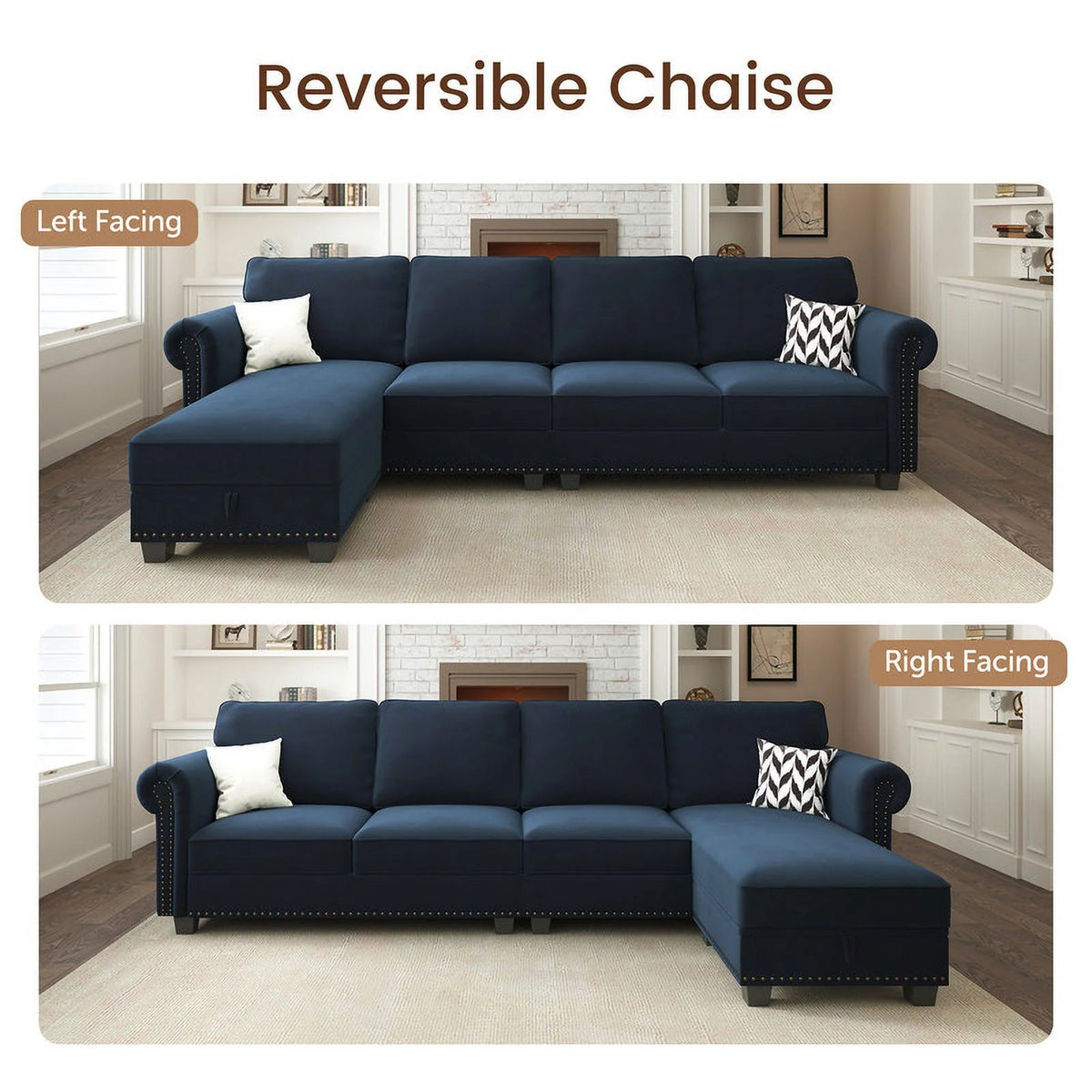 Black Velvet Sectional Sofa with Storage Ottoman and Reversible Chaise I179163