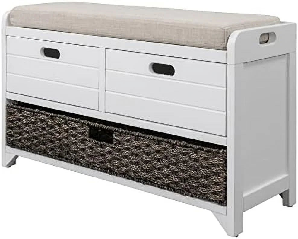 White Wooden Entryway Bench with Cushion 2 Drawers M595990