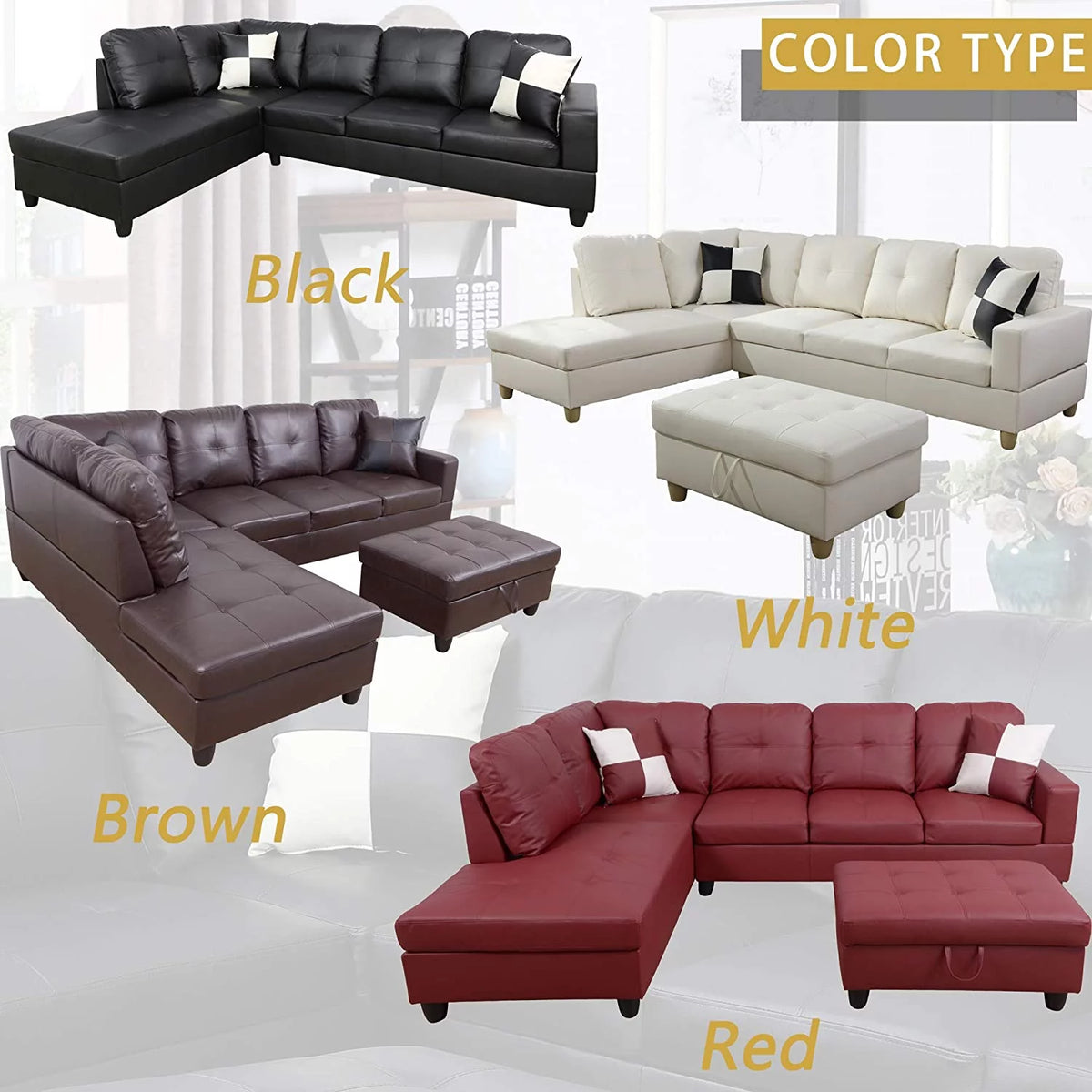 Faux Leather 3 Piece L-Shaped Sectional Sofa Set with Chaise Storage Ottoman and Pillows J623711
