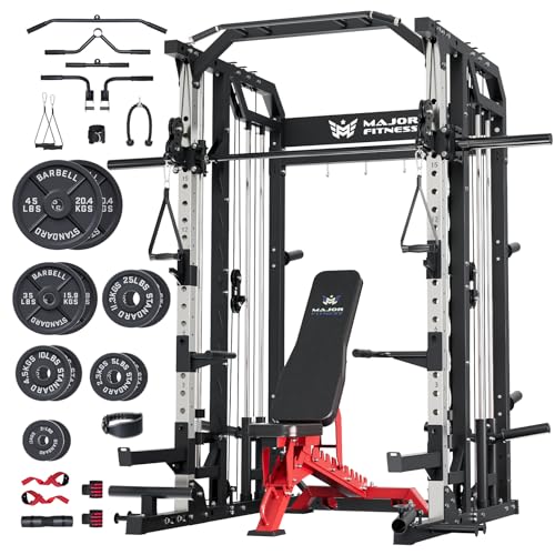 Smith Machine Squat Rack with Weight Bar, LAT Pull-Down & Cable Crossover R46489