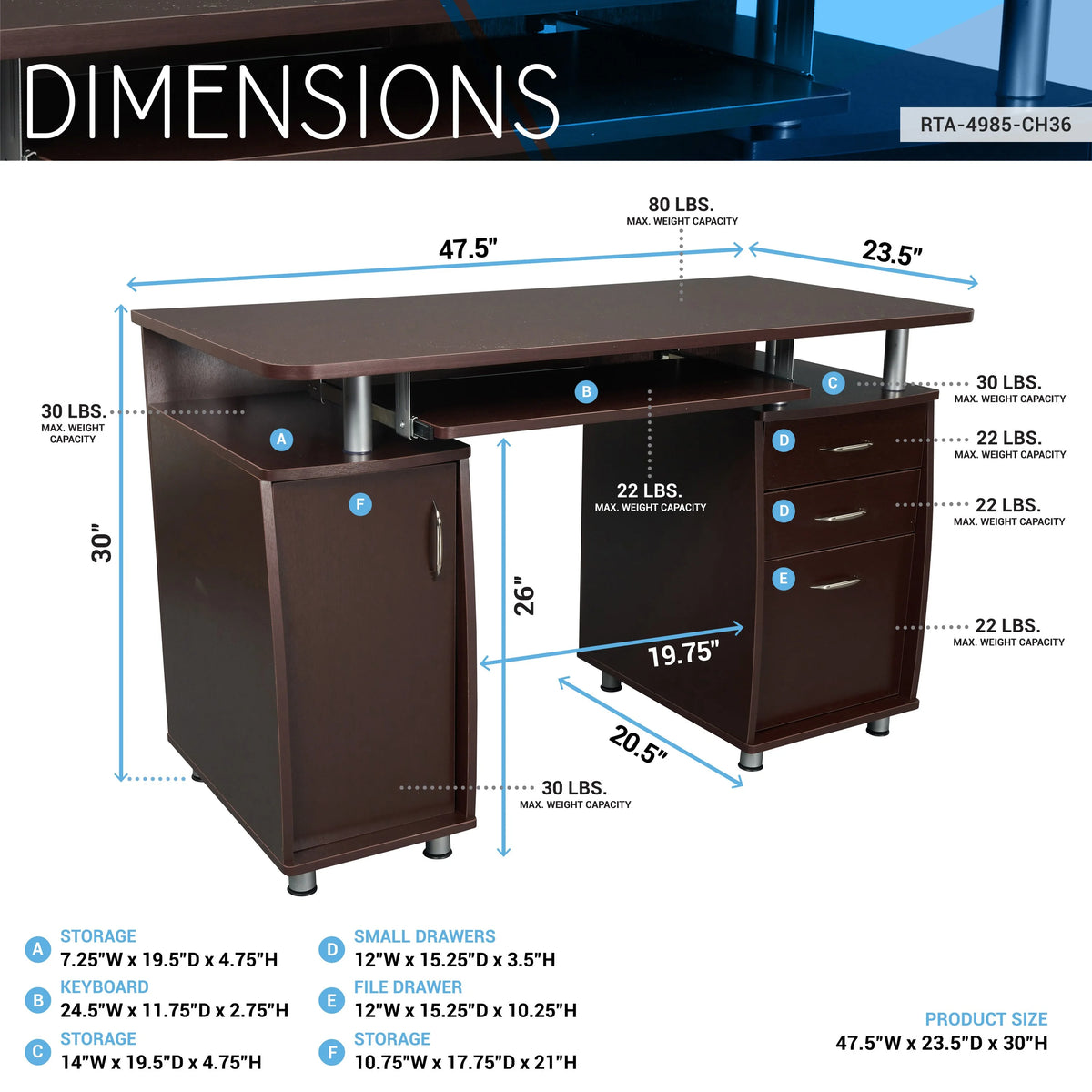 Chocolate Computer Workstation with Cabinet and Drawers C906