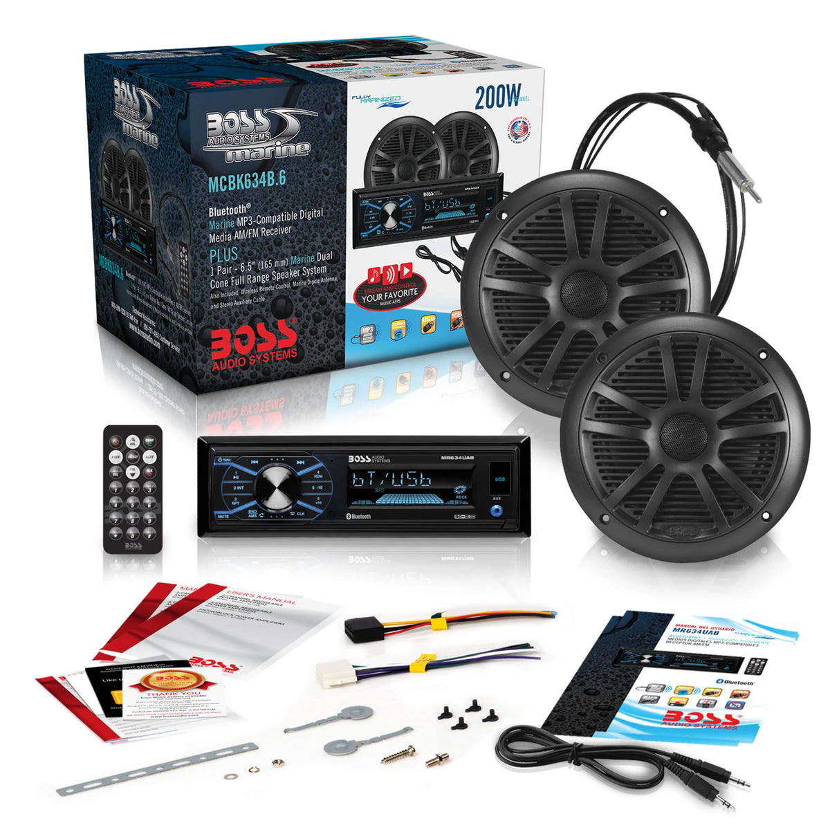 Single Din Bluetooth Marine Stereo with 6.5 Inch Speakers and Antenna Q15346
