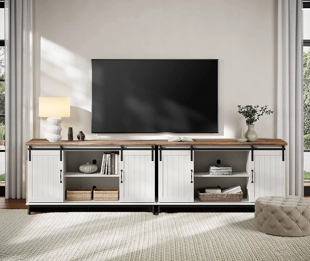 White Wood TV Stand with Sliding Barn Door W35966