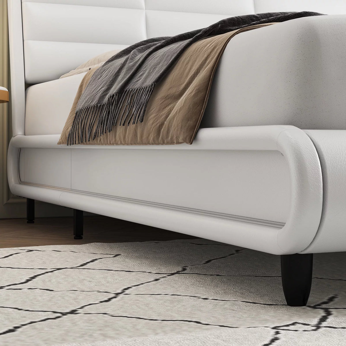 White Queen Size Upholstered Bed Frame with Adjustable Headboard N1005