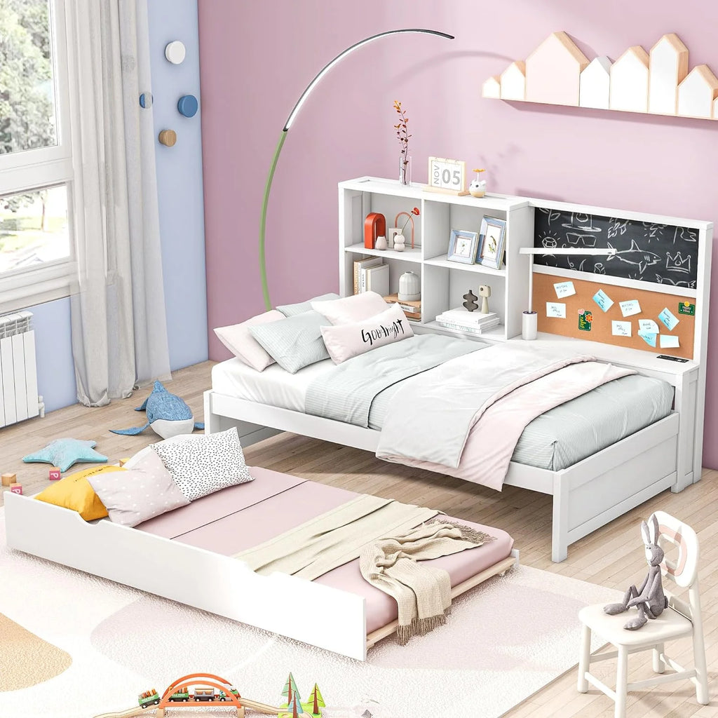 White Wood Daybed with Trundle, Storage Shelves and USB Ports V844