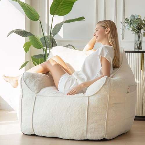 Beige Large Fluffy Bean Bag Chair with Armrest V68222