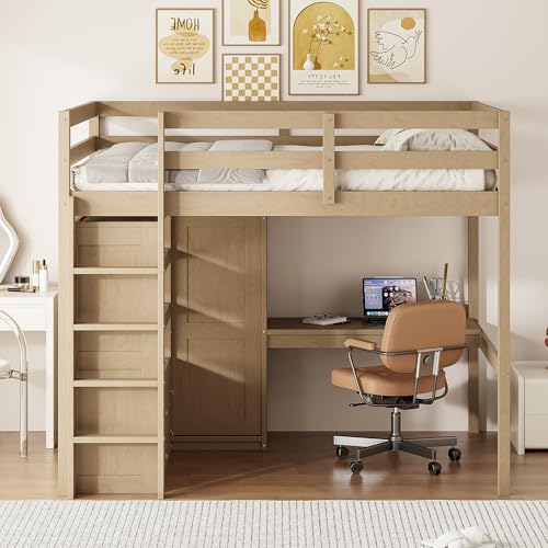Full Size Wood Loft Bed with Desk and Wardrobe S89056