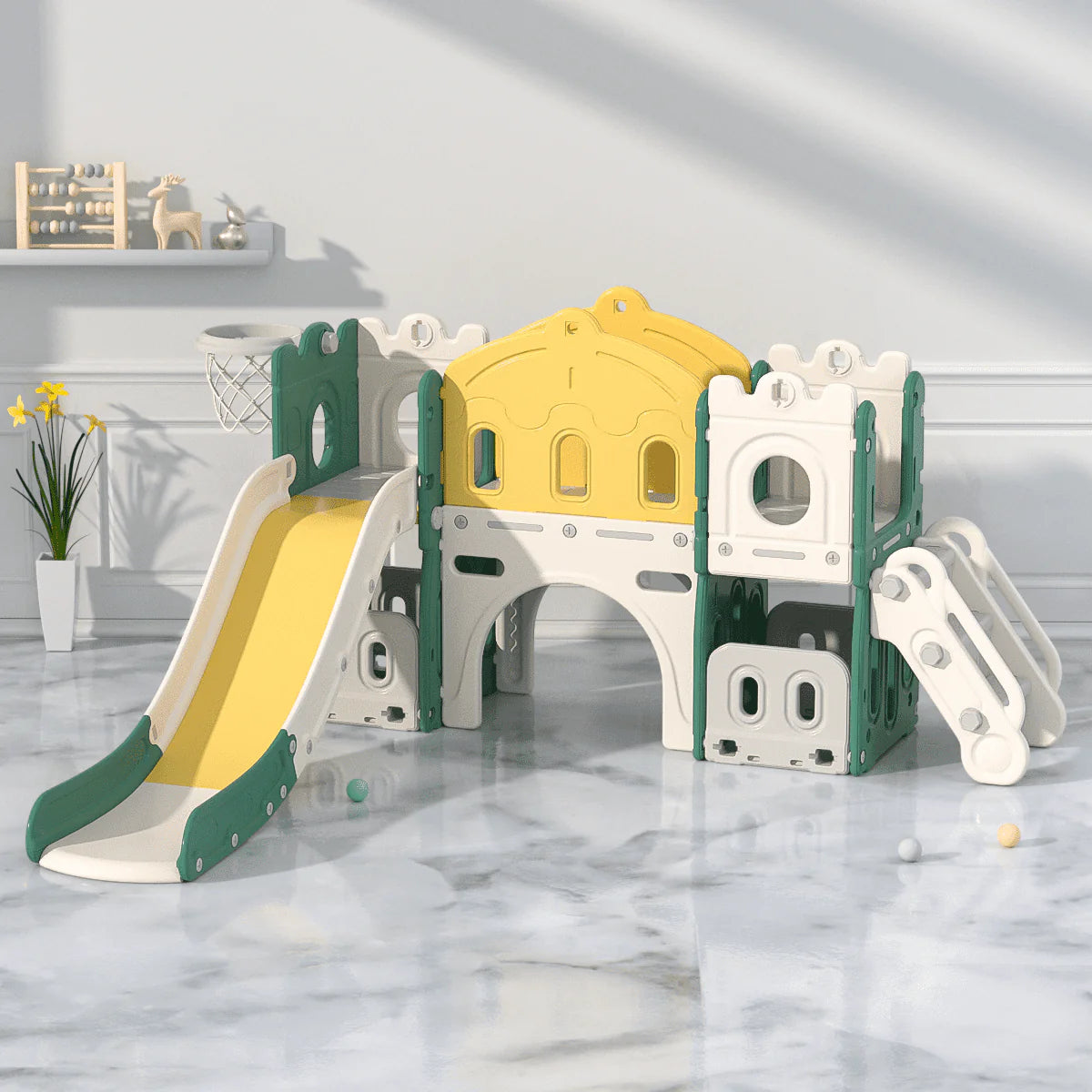 6 in 1 Kids Slide Set with Basketball Hoop and Tunnel, Green M9341