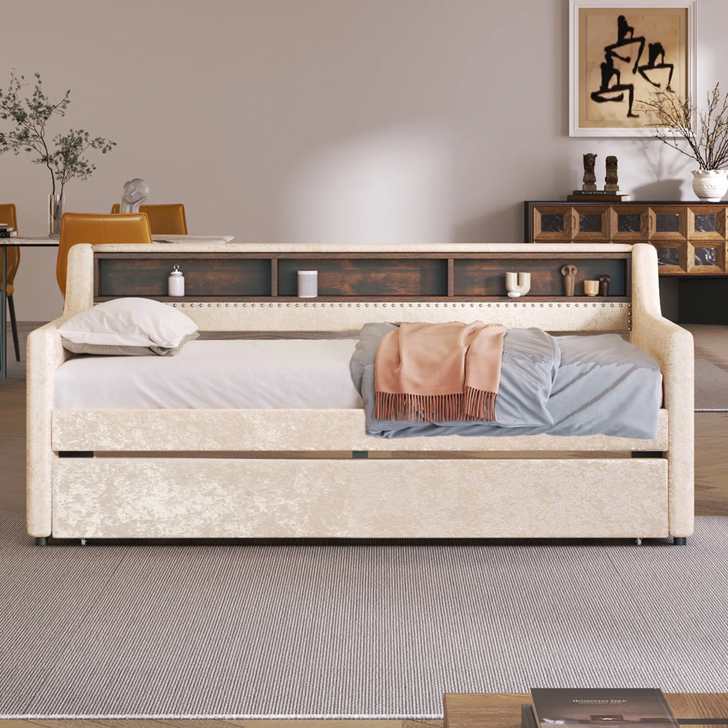 Beige Twin Size Velvet Daybed with Trundle and Storage Shelves W1770